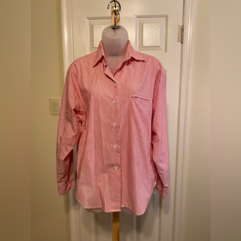 Lee - Womanโs red/white striped button down shirt with embroidery decor cuffs, L